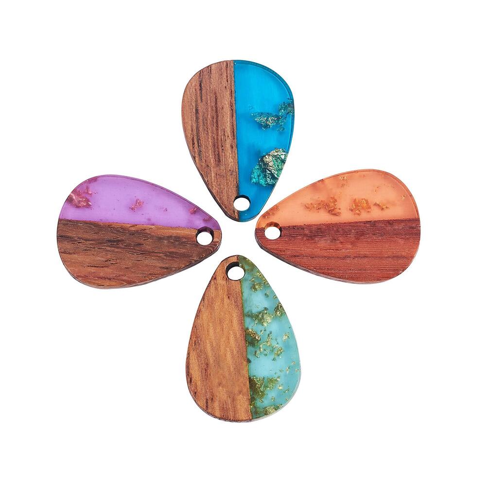 4394 20 Pcs 4-Colors Transparent Resin & Walnut Wood Pendants with Gold